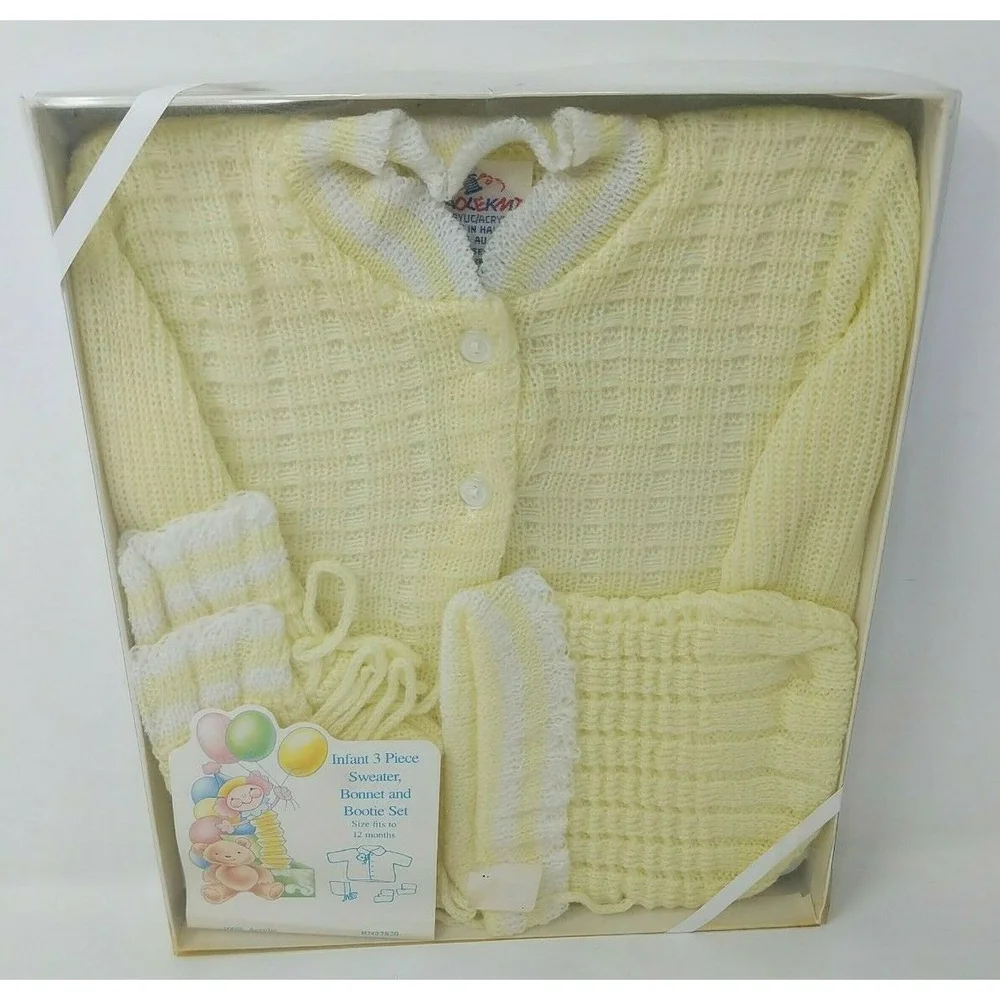Cradle Knit Infant Baby Sweater Hat Bootie Set‎ Yellow VTG 1970s 70s 80s 1980s